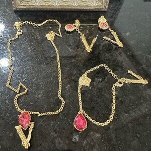Gold and Pink Necklace, Bracelet & Earring Set
